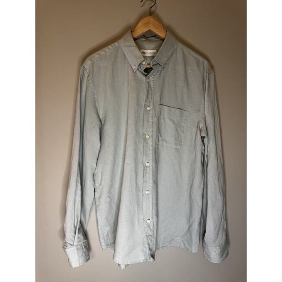 ZARA Blue Gray Linen Button-Down Shirt Boxy Loose Oversized Unisex - Picture 1 of 6